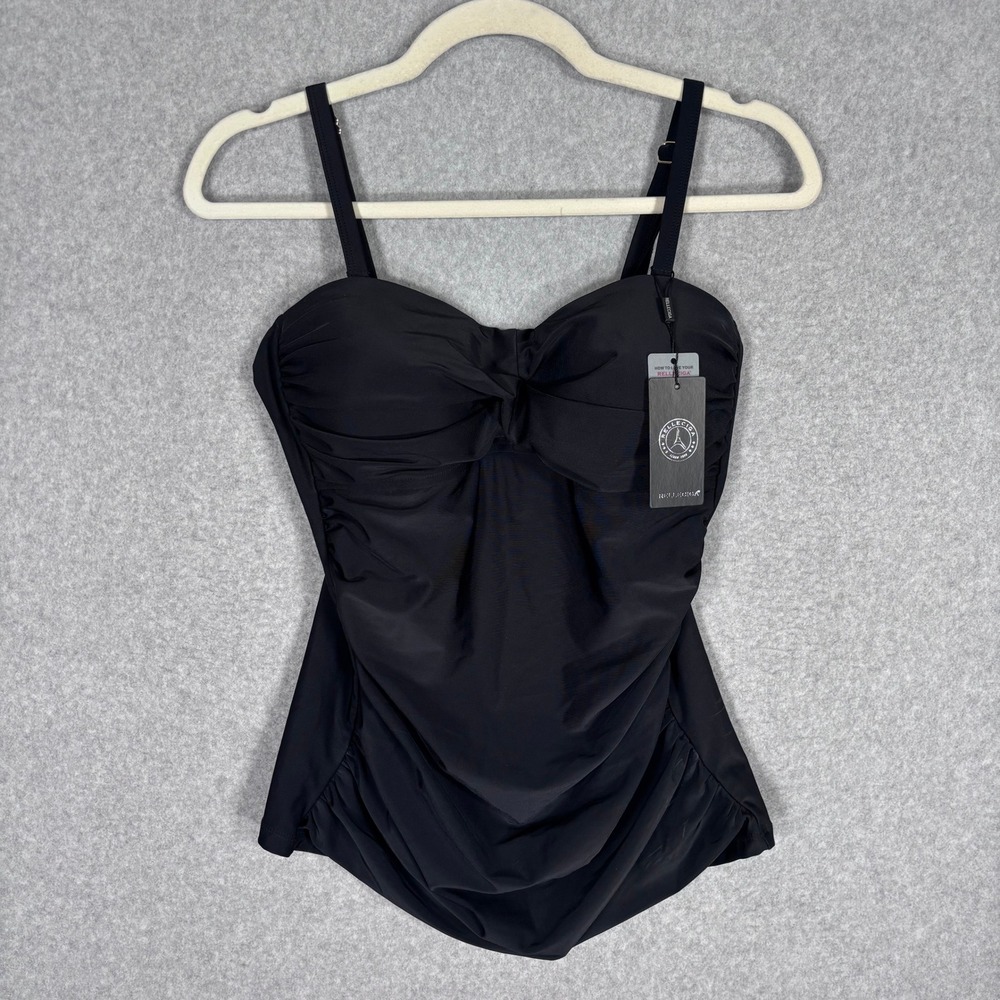 NEW $119 Relleciga Tankini Swimsuit Top Medium Black Ruched Twist Bandeau Straps